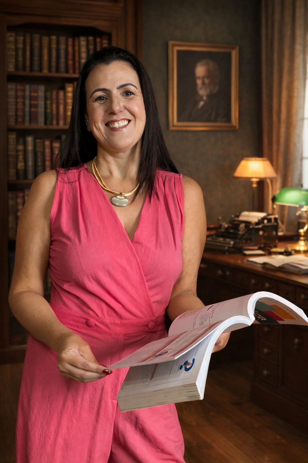 Professora Janaína de roupa rosa, segurando um livro aberto